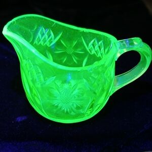 Vaseline Glass Creamer~ Floral& Diamond Band Pattern